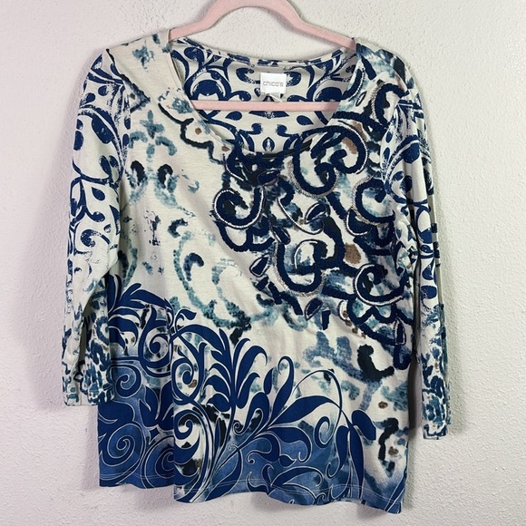 Chicos’s Beaded Embellished Paisley Top Blue Off White Pattern size 1 US8 / M - Picture 4 of 9